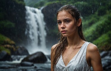 woman standing in the rain near a tropical waterfall wearing a white dress - Powered by Adobe