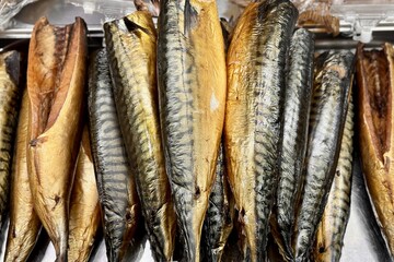 Atlantic mackerel cold smoked a lot of fish lies on a stainless steel baking sheet for snacks in a...