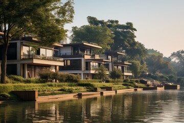 Obraz premium Luxury Living by the River: An Artistic Depiction of Riverside Villas Amidst Verdant Nature