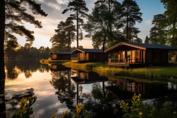 Obraz premium Rustic Cabins Hidden in Dense Forests with a Stunning Lake View at Dusk
