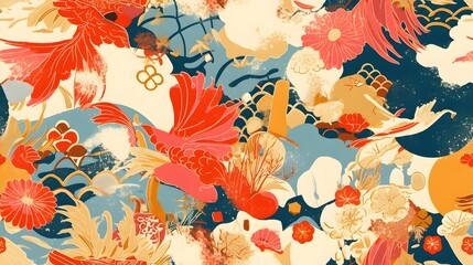 seamless pattern of japan landscape nature abstrack gouache painting for fabric design, art print, textiles, wallpaper, and more