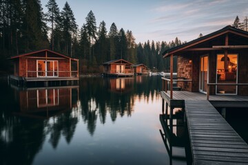 Fototapeta premium A Tranquil Vacation Spot: Lakeside Resort with Rustic Wooden Docks and Cabins at Sunset