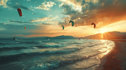 Group of people doing kitesurfing and windsurfing on sea - Powered by Adobe