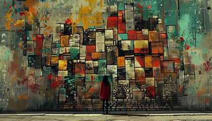 A woman in a red coat standing in front of a graffiti covered wall.