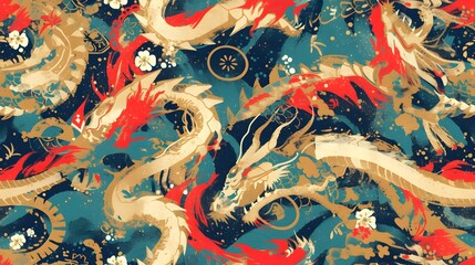 Obraz premium seamless pattern of mythical east asia dragon abstrack gouache painting for fabric design, art print, textiles, wallpaper, and more