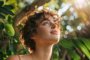 In the forest, a woman with curly hair gazes up at the sun, surrounded by branches and trees. Her eyelashes flutter in the light, happy in natures embrace
