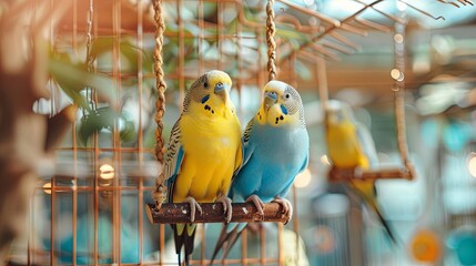 Obraz premium A birdcage with perches, swings, and mirrors, providing a playful environment for a pair of parakeets