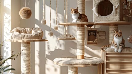 A cat tree with cozy hideaways, sisalcovered scratching posts, and hanging pompom toys