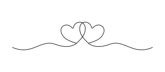 Banner of two linear hearts together - Pair of two decorative hearts formed by thin line, isolated on transparent background - Design element on love concept