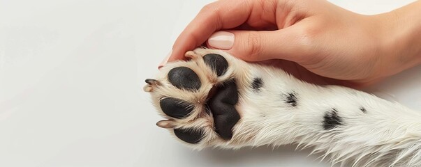 A closeup of a human hand holding a dogs paw with a heartshaped spot, showing friendship and care