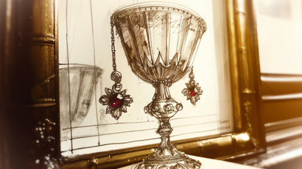 Antique Goblet Design Drawing with Jeweled Earrings