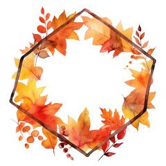 Geometric pastel watercolor frame with orange, yellow and brown leaves. Brown thin hexagon picture frame decorated with maple leaves in fall or autumn season painted with water pastel color. AIG35.