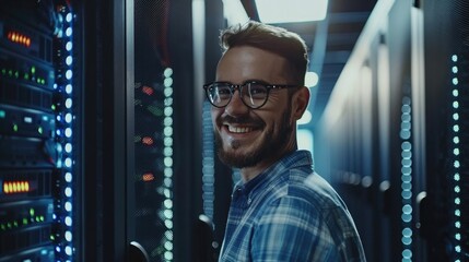 Handsome Smiling on Camera IT Specialist Using Laptop Computer in Data Center, Succesful Businessman and e-Business Entrepreneur Overlooking Server Farm Cloud Computing Facility