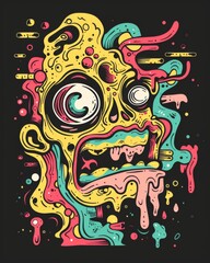 A mans face in a dreamy style, adorned with a spectrum of vibrant colors on a black background