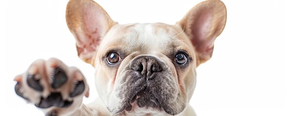 A closeup portrait of a white and brown French Bulldog with its paw reaching out as if to play,...