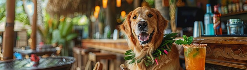 A golden retriever in a Hawaiian lei, sitting beside a tiki bar while drinking a mojito with mint leaves