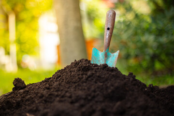 A garden shovel is stuck in a pile of fresh soil. Sunlight falls into the small garden. 
