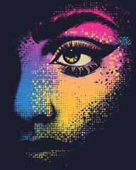 A detailed view of a persons face adorned with colorful paint in a creative and artistic manner