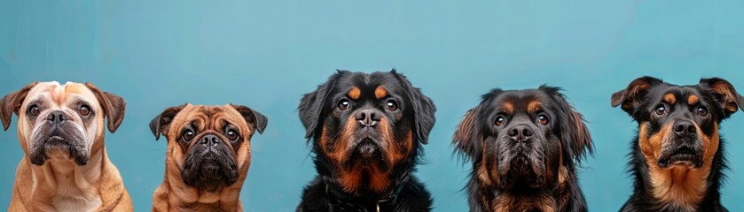 A group of dogs, such as a rottweiler, a Yorkshire terrier, a pekingese, and a Saint Bernard, looking up with interest