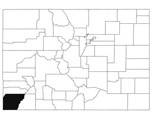 Map of Montezuma County in Colorado state on white background. single County map highlighted by black colour on Colorado map. UNITED STATES, US