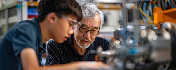 Obraz premium A mentor guiding a high school student through a handson engineering project in a modern innovation lab