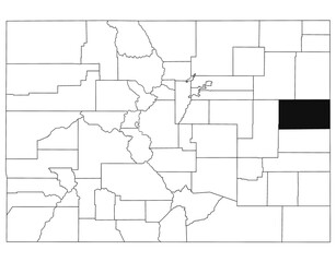 Map of kit Carson County in Colorado state on white background. single County map highlighted by black colour on Colorado map. UNITED STATES, US