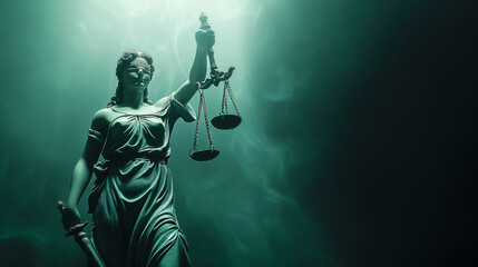 Fototapeta premium Lady Justice with scales and sword on a dark green background with smoke with copy space. Legal and judicial concept
