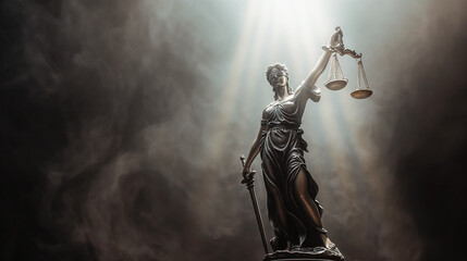Statue of Lady Justice with scales and sword on a dark background with smoke with copy space