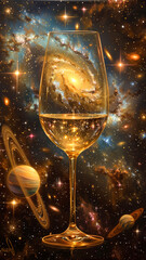 a wine glass under the stars with galaxy dotted with stars, in the style of psychedelic tableaux, metafictional