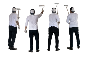 Asian male painter painting wall with roller brush, cut out isolated