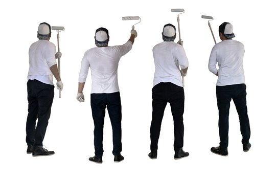 Asian male painter painting wall with roller brush, cut out isolated