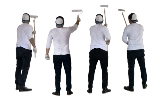 Asian male painter painting wall with roller brush, cut out isolated