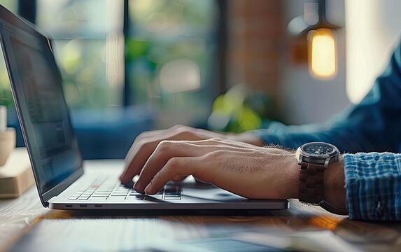 A software developer coding on a laptop, surrounded by ergonomic accessories in a minimalistic home office