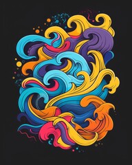Fototapeta premium Vibrant waves of color dance across a black canvas in this dynamic drawing