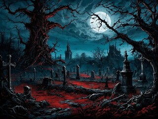 Artwork of a Spooky Moonlit Graveyard With Red Soil, AI Generative