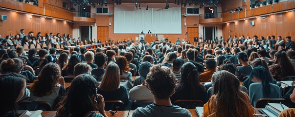 A university lecture hall packed with students taking notes as the professor gives a multimedia presentation