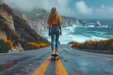 In a picturesque cityscape by the ocean, a beautiful woman gracefully skateboards along the embankment, blending urban coolness with seaside serenity