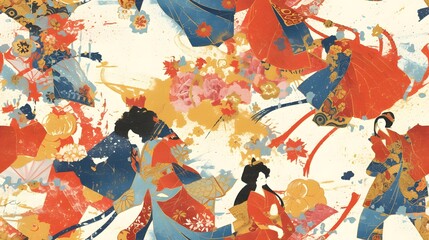 seamless pattern of japanese geisha woman with kimono abstrack gouache painting for fabric design, art print, textiles, wallpaper, and more