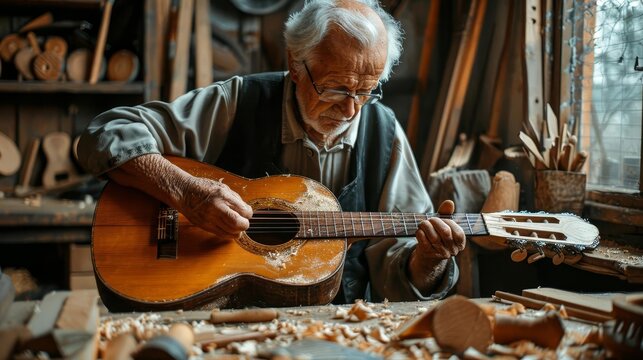 A craftsman in a workshop, handcarving a wooden acoustic guitar, surrounded by tools and wood shavings
