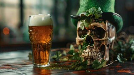 Saint Patrick s Skull with Green Hat Beer Glass and Clover Leaves