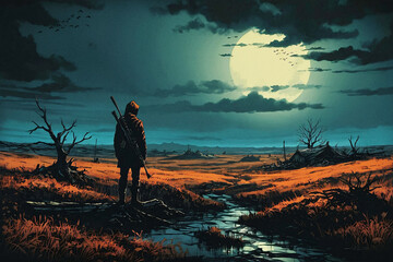 Illustration of a hooded figure standing on deserted moonlit landscape, AI Generative