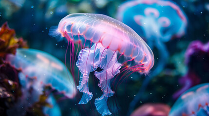 Naklejka premium A close-up of a fluorescent jellyfish in an aquarium, vibrant, hd, with copy space
