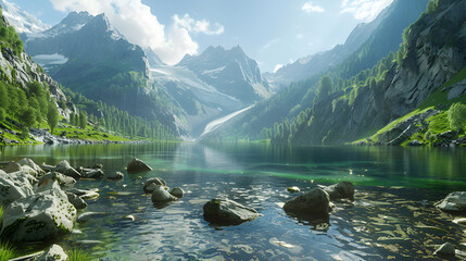 Lake and mountains landscape, relaxing place.