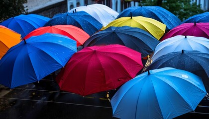 A photo of colorful umbrellas open against a rainy sky