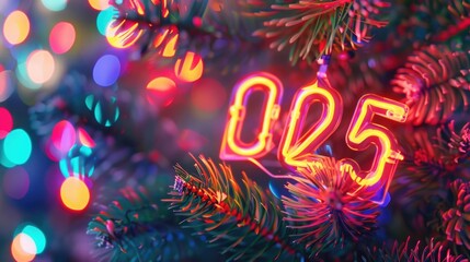 text "2025" neon light numbers glowing on colorful background with blurred new year tree branches and lights. New Year celebration concept. - Powered by Adobe