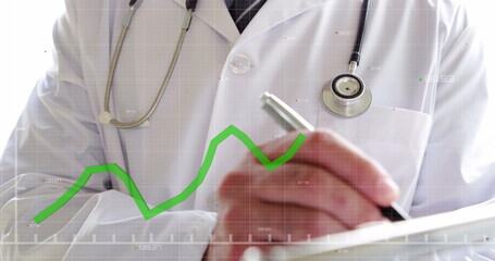 A Caucasian male doctor wearing white coat holding a pen and a clipboard