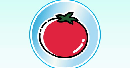 A bright red tomato with green stem sits centered against a blue background