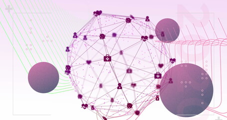 Image of network of connections with icons over circles and lines against pink background