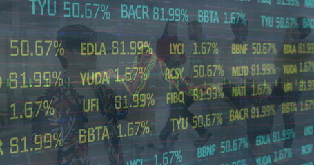 Image of data processing over diverse business people using vr headset