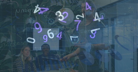 Image of floating numbers over diverse businesspeople during presentation